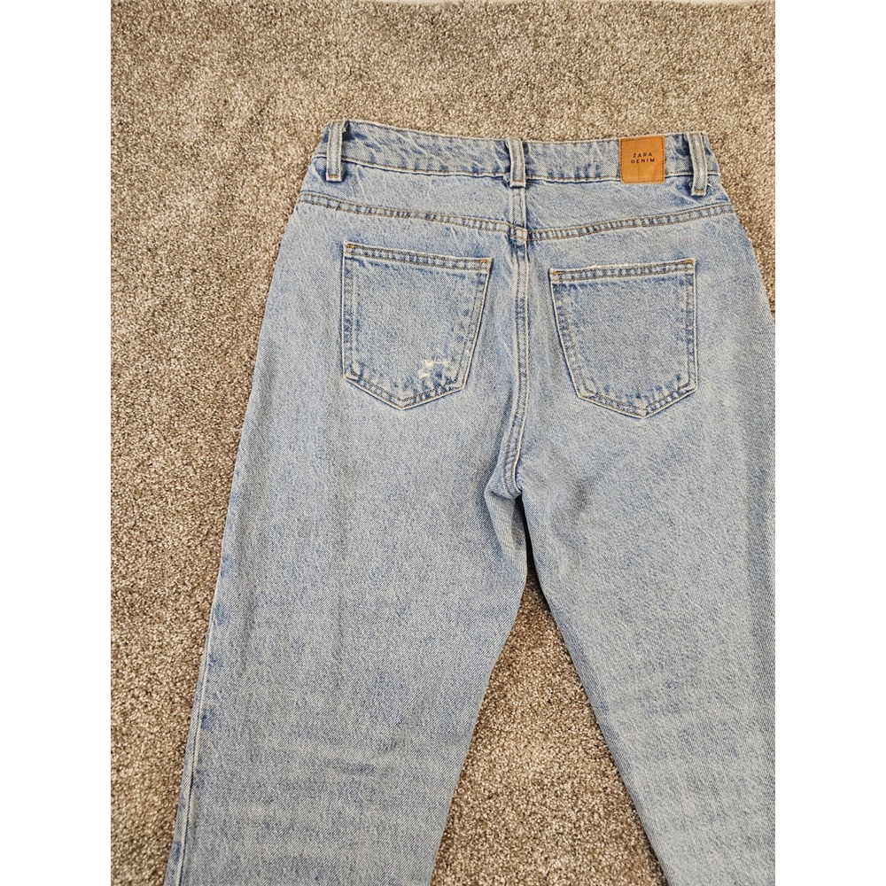 Zara Denim Light Wash Distressed High Rise Straight Leg Jeans - Picture 9 of 16